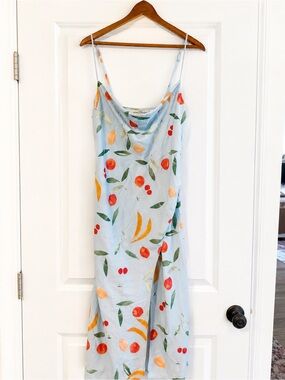 FINDERS KEEPERS Calypso Midi Dress Large Blue Fruitbowl Print Slip Dress Summer
